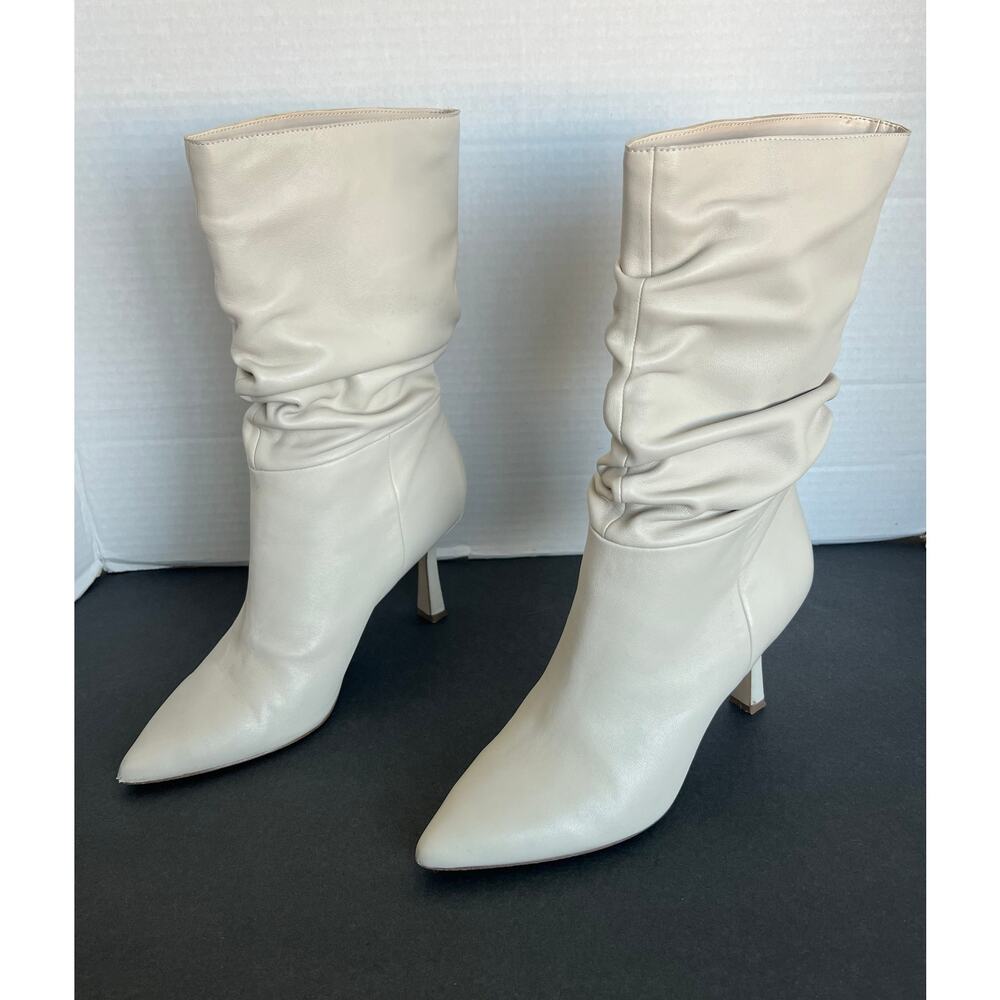 Steve Madden Jessamy Ivory Leather Slouchy Mid-Calf PullOn Pointy Toe Boots 7